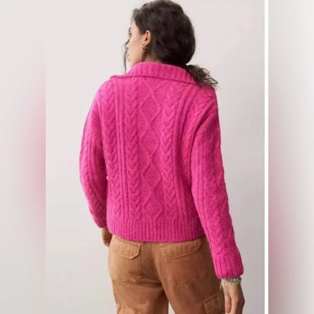 ANTHROPOLOGIE Cable Knit Fishermen 1/4 Zip Pullover Sweater Pink SIZE: XS - Picture 4 of 12